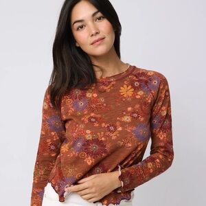 Natural Life Aster Clusters Brown Floral Lily Raw Hem Long Sleeve Cotton Top L